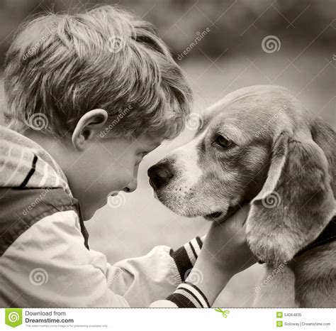 Boy And Dog Black And White Portrait Stock Image Image
