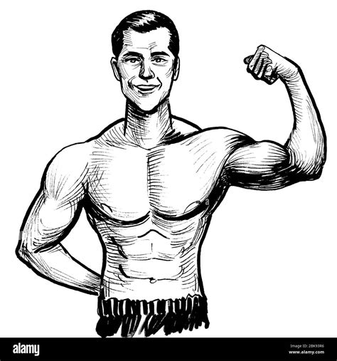 Athletic Man Flexing Biceps Ink Black And White Drawing Stock Photo