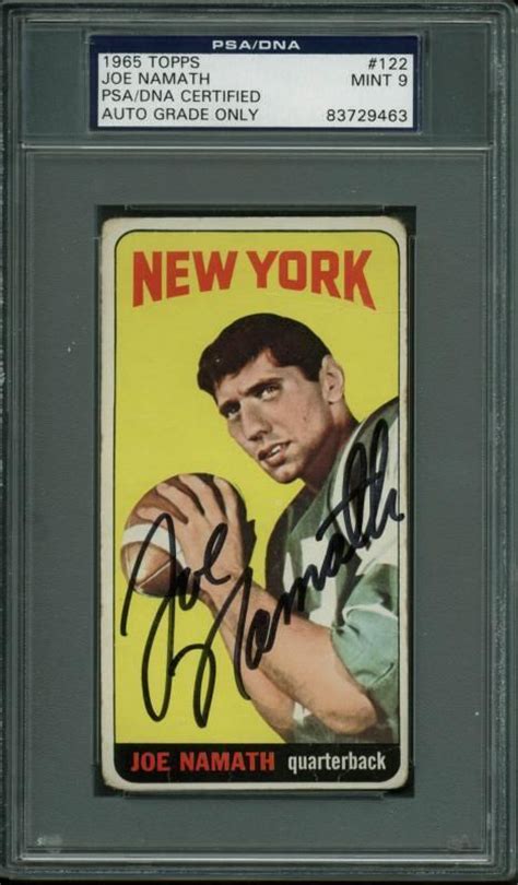 Taking this card to another level, it has been perfectly signed and inscribed by namath in blue felt tip marker. Lot Detail - Joe Namath Ultra Rare Signed 1965 Topps Rookie Card - PSA/DNA Graded MINT 9!