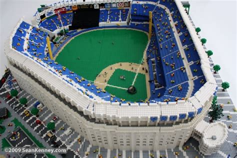 Lego baseball stadium, with field, stands, dugouts, concession stand, ticket booth and fan sports shop.baseball field from the blimp. Sean Kenney - Art with LEGO bricks : Yankee Stadium