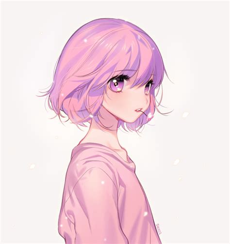 Pink Hair Pink Eyes Short Hair Pink Shirt Cute Anime Girl