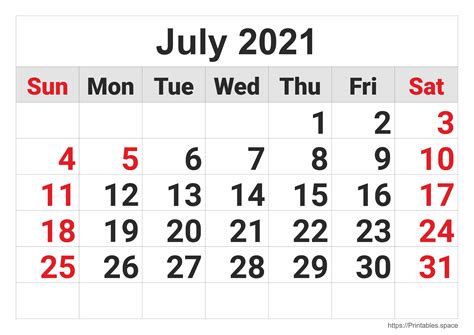July 2021 Calendar Month