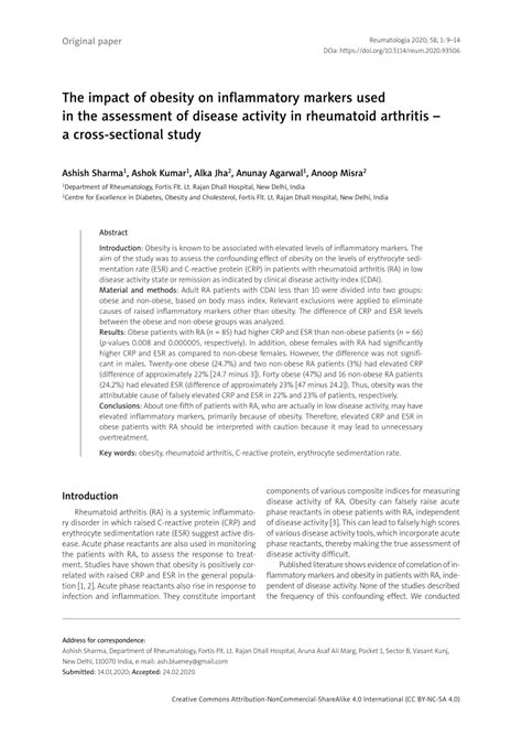 Pdf The Impact Of Obesity On Inflammatory Markers Used In The Assessment Of Disease Activity
