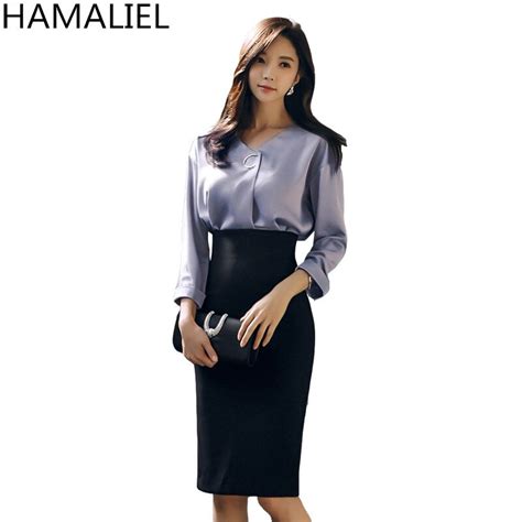 Hamaliel Business Korean 2018 Women Autumn Loose Solid Blouse Black Work Sheath Bodycon Pencil