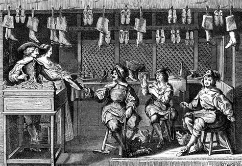 Events such as the frondes were a naïve, unrevolutionary discontent and the people. Cobbler's shop, France, 17th century - Stock Image - C042 ...