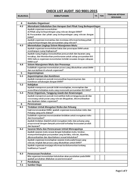Contoh Checklist Internal Audit Iso 9001 2015 Bahasa Indonesia Riset