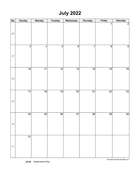 2022 July Calendar Blank Vertical Template Free Calendar