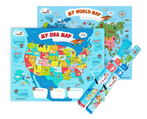 World Map And Usa Map For Kids 2 Posters Set 2 Dry Erase Pens