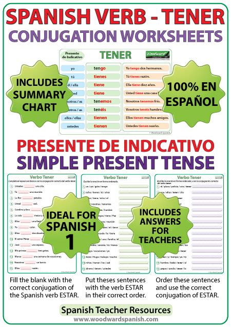 Tener Spanish Verb Conjugation Worksheets Present Tense Woodward