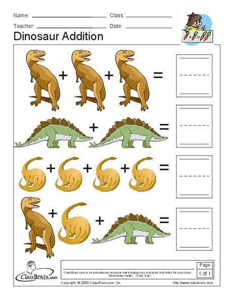 Grade 1 Dino Addition Worksheet