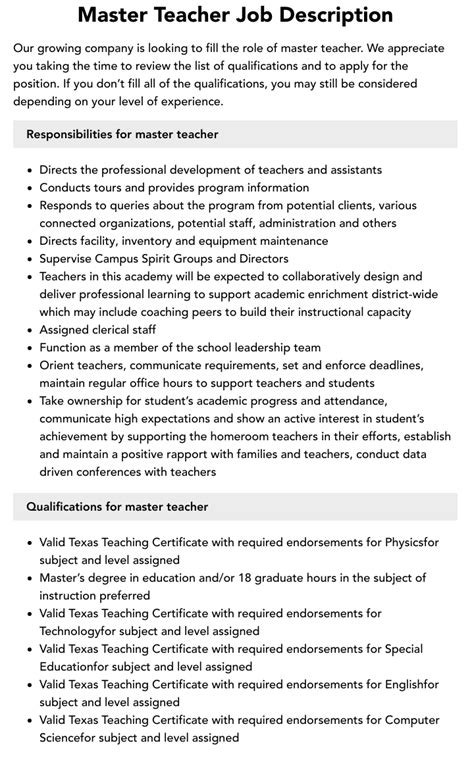 Master Teacher Job Description Velvet Jobs