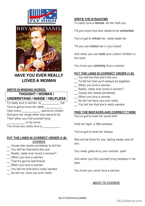 bryan adams have you ever really l… english esl worksheets pdf and doc