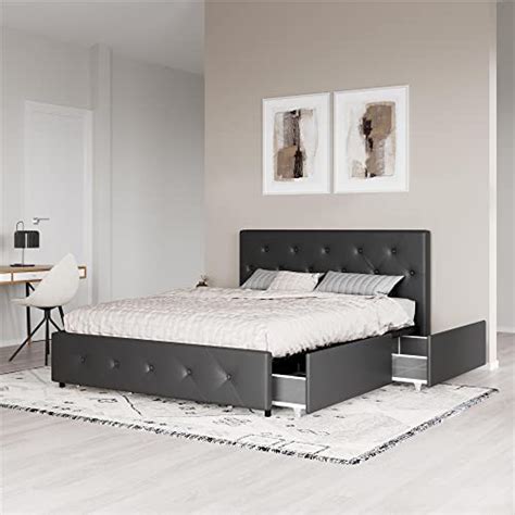 dhp dakota upholstered faux leather platform bed with storage drawers queen size black buy