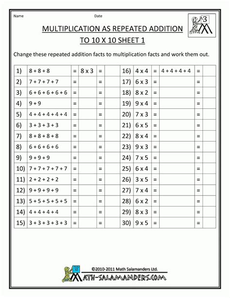 Repeated Addition Multiplication Worksheets Printable Word Searches