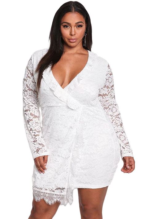 White Plus Size Lace Faux Wrap Ruffle Dress Trendy Plus Size Dresses Plus Dresses Plus Size