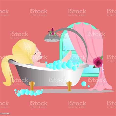 Blonde Girl Takes A Bath Window Curtain Stock Illustration Download