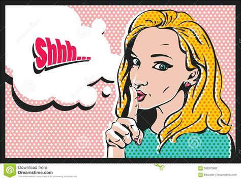 Shhh Bubble Pop Art Woman Face With Finger On Lips Silence Gesture