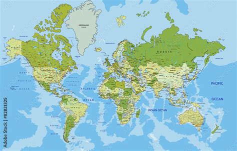Highly Detailed Political World Map With Labeling Stock Illustration