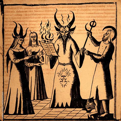 satanic ritual of sorcery and demon summon in antique medieval manuscript paper generative ai