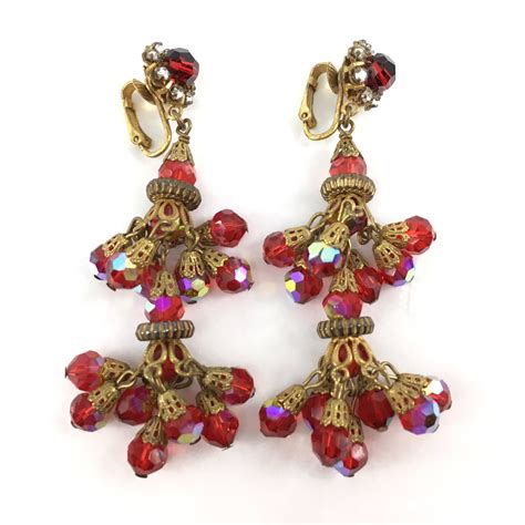 Red And Gold Chandelier Earrings Haskell Style Vintage Etsy Gold