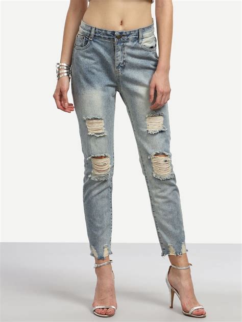Blue Ripped Ankle Jeans Sheinsheinside Latest Jeans Ankle Jeans
