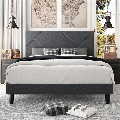 Amolife Full Size Metal Bed Frame With Geometric Upholstered Headboard