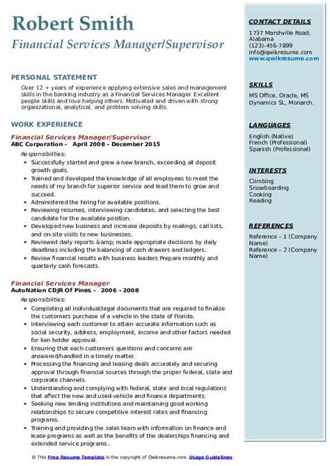financial services manager resume samples qwikresume
