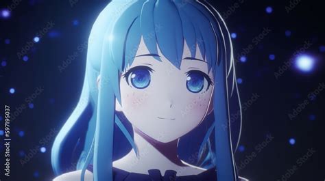 Very Cute Stargazing Girl Photorealistic Anime Amazing Blue Color