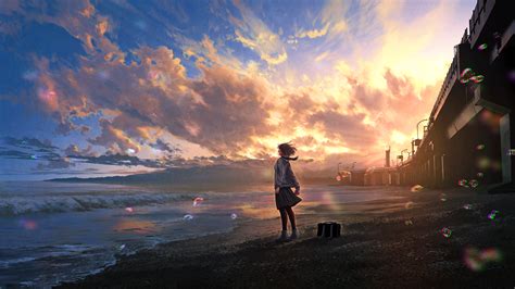 Download 3840x2160 Anime Landscape Anime Girl Sunset Scream Beach