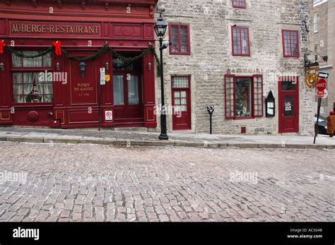Empty Cobblestone Streets Of Old Montreal Historic Restaurant Stock