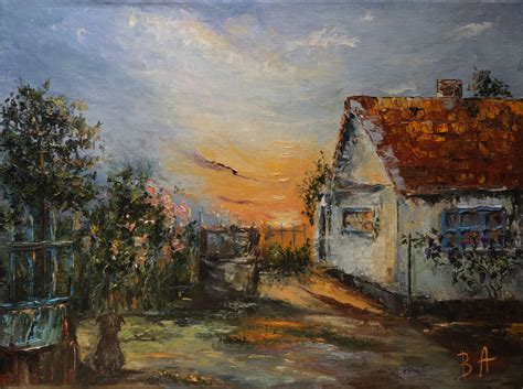 Original Palette Knife Oil Painting Village Painting Sunset Etsy