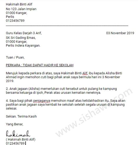 Contoh Surat Rasmi Kerana Tidak Hadir Ke Sekolah