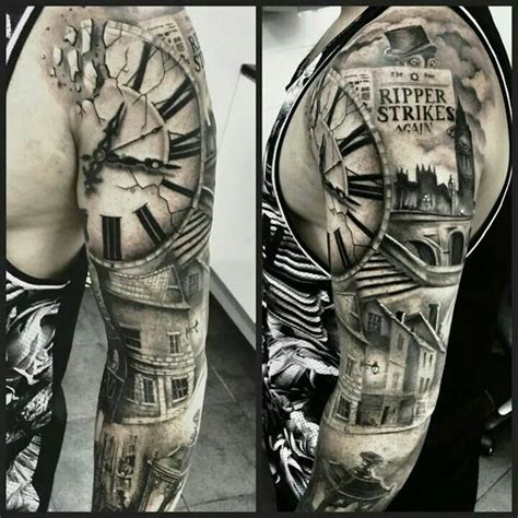 Realistic Street Scene Sleeve Tattoo Clock Tattoo Half Sleeve Tattoo