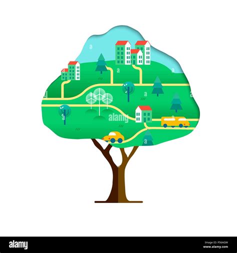 Tree With Green City Paper Cutout Isolated Over White Environment Care