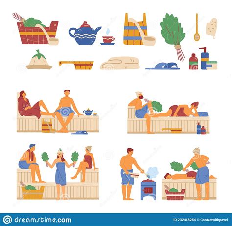 Vector Illustrations With People Relax In Hot Sauna And Accessories Steam Banya Stock Vector