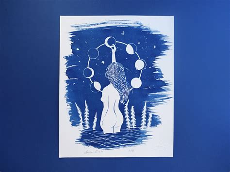 Cyanotype Of A Naked Woman Under The Stars Moon Print For Celestial Stars Lovers Mystical