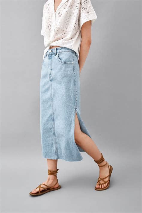 Midi Skirt With Side Slits Denim Fashion Long Denim Skirt Outfit