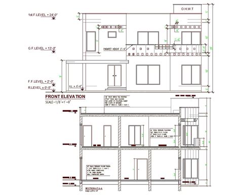 Autocad D Cad Drawing Of Architecture Double Story House Building Section And Elevation Design