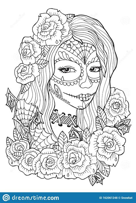 Free sugar skull coloring page printable. Day Of The Dead Coloring Pages For Adults Stock Vector ...