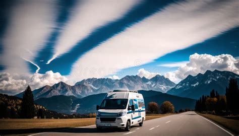 The Van Drives Along The Highway Against The Backdrop Of Picturesque