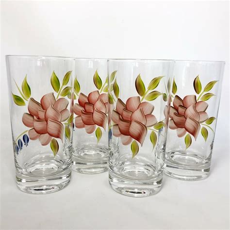 4 Hand Painted Drinking Glasses Pink Flower Floral Tumbler 5 5 8 Tall 11 Oz Vtg Glasses Pink