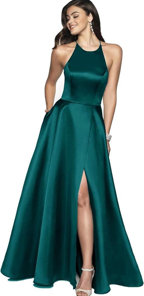 Vestido Largo De Fiesta Formal De Satén Con Bolsillos Para Mujer Verde Azulado Verde 18 Plus