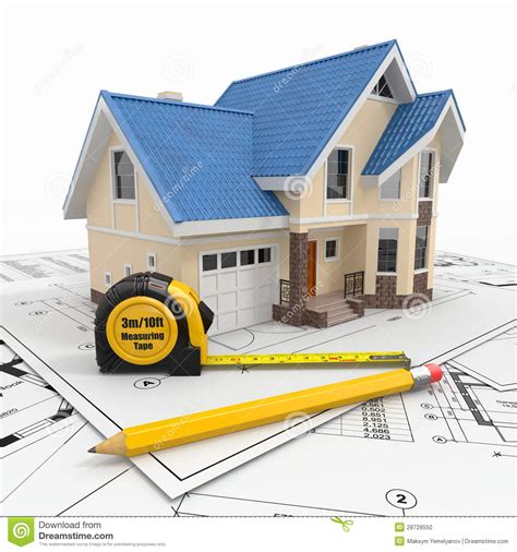 Residential House With Tools On Architect Blueprints Stock