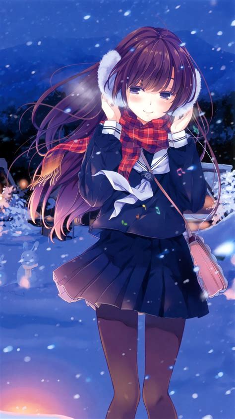 Anime Wallpaper Schoolgirl In The Winter Evening Anime Mobile Wallpaper