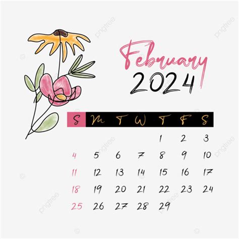 Fevereiro De 2024 Calendário Mensal Floral Fundo Transparente Vetor Png
