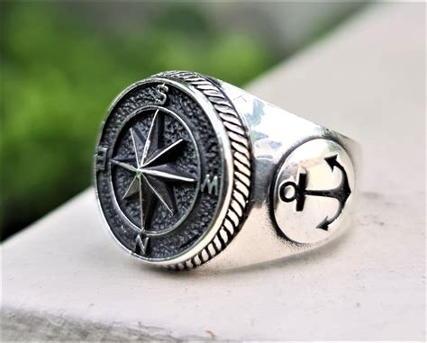 Wind Rose Compass Ring 925 Sterling Silver Anchor Nautical Sun Etsy