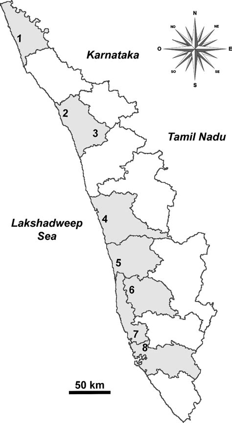 Map Of Kerala With Districts Boundaries And The Location Of The Eight