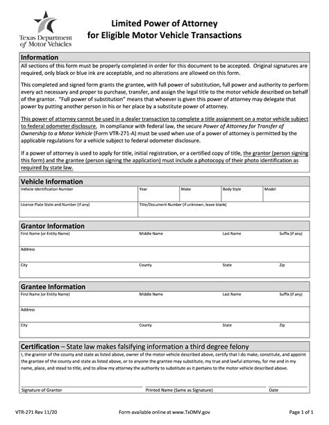 Form Vtr Texas Limited Power Of Attorney For Eligible Motor Vehicle Transactions Forms