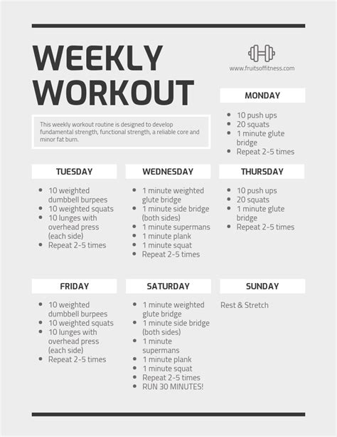 Warm up thoroughly and then choose a variant of whatever the main exercise is (some. Monochrome Weekly Workout Schedule Template