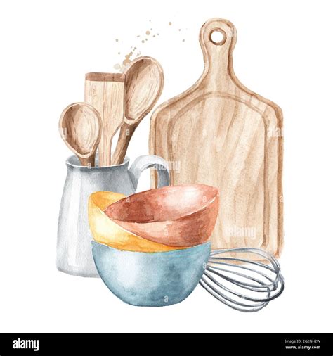 Kitchen Utensils Watercolor Hand Drawn Illustration Isolated On White